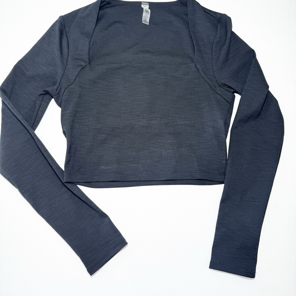Beyond Yoga‎ Heather Rib Frame Cropped Pullover Small Black HR7882 Square Neck